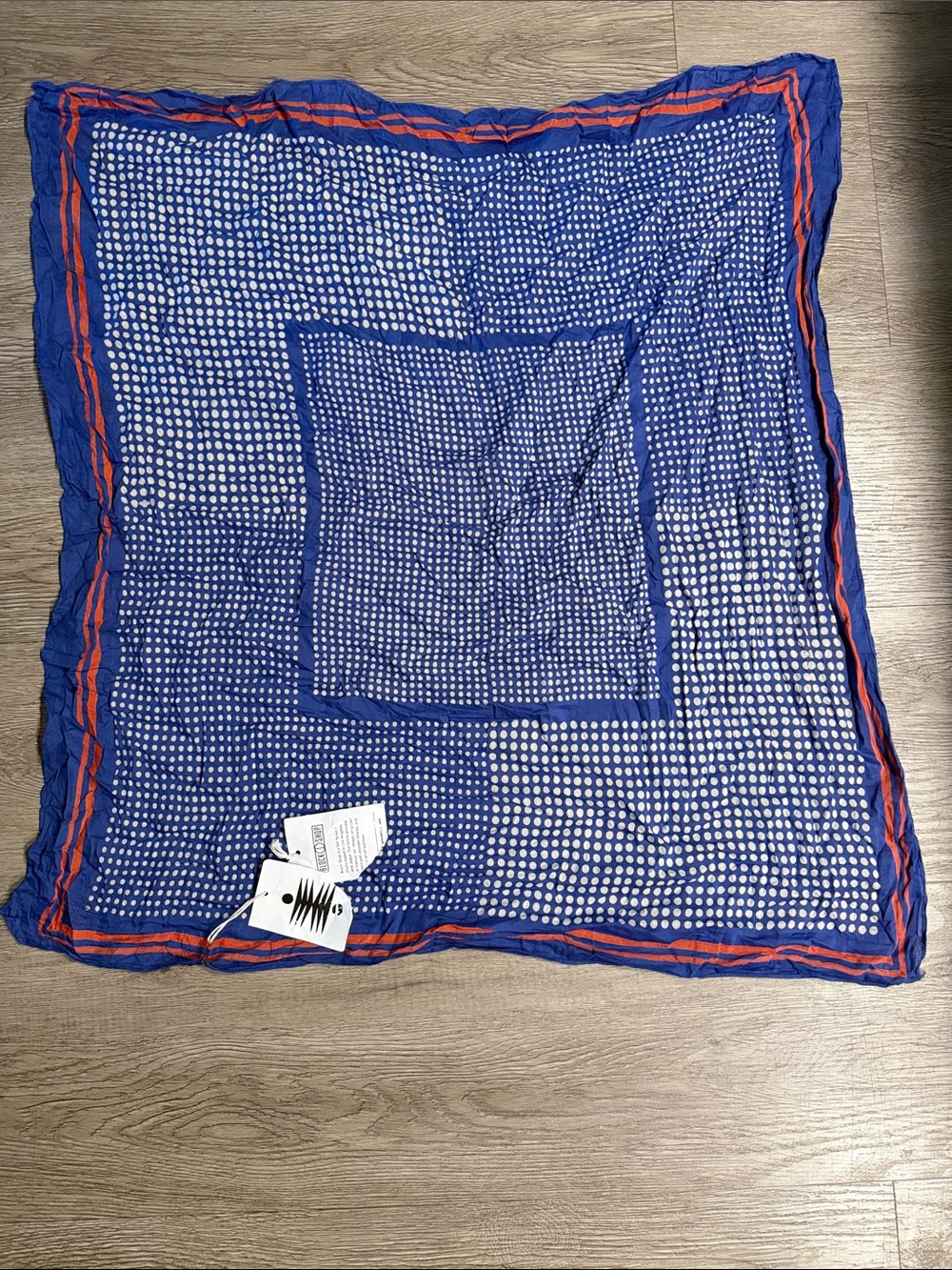 Block Shop Blue Polka Dot Lightweight Square Scarf with Red Trim